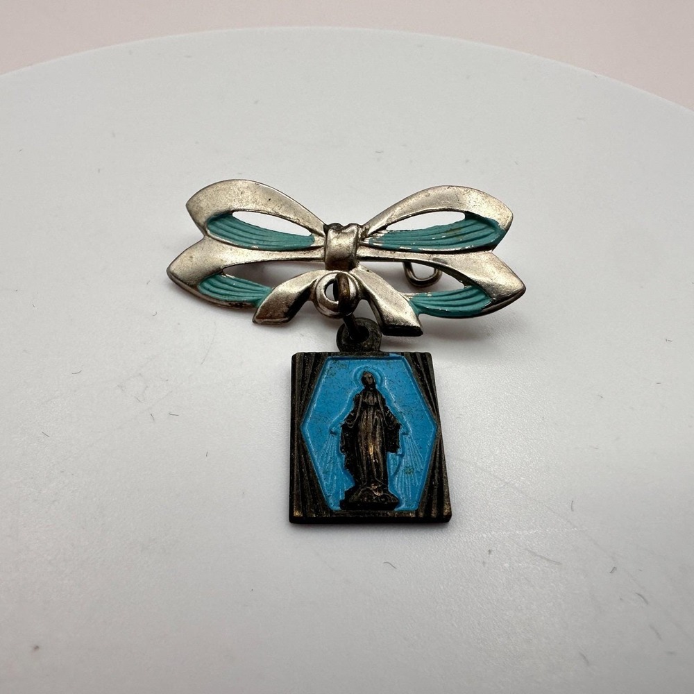 Vintage 90s Catholic Miraculous Medal Bow Pin Virgin Mary Religious Jewelry - Picture 3 of 8